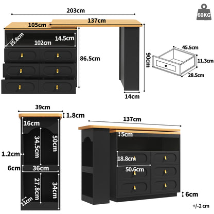 Extendable Bar Table with 360° Rotating Base & Storage Shelf - Heavy-Duty Metal Modern Black Adjustable Length 138-203cm (55"-80") - Space-Saving Expandable Kitchen Island, Home Office Desk, Dining Table for Small Spaces - E