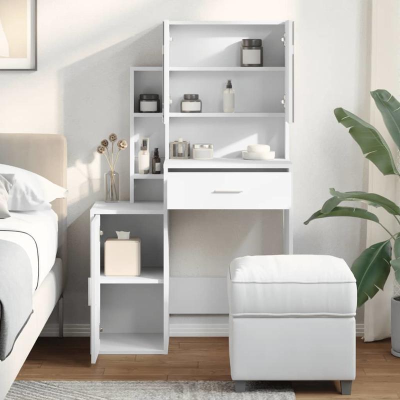 Kaptafel – Make-up Tafel – Dresser – Meubel – Make-up Spiegel – Modern Wit – Compact 80x35x132 cm – MDF & Hardhout, Inclusief Opberglades
