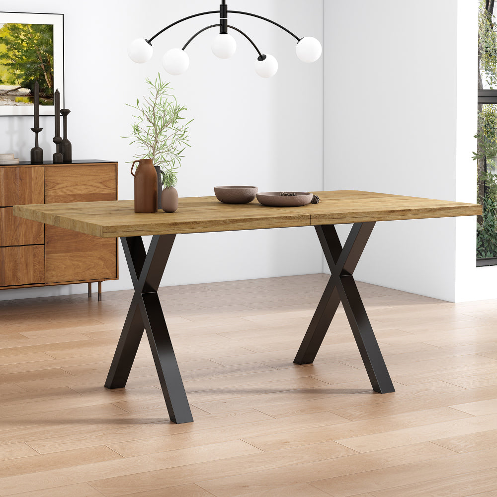 Durable and sturdy dining table with cross-leg design, rectangular shape, modern minimalist wrought iron dining table, 140*80*76cm, suitable for dining room, living room, hallway, color is natural wood.