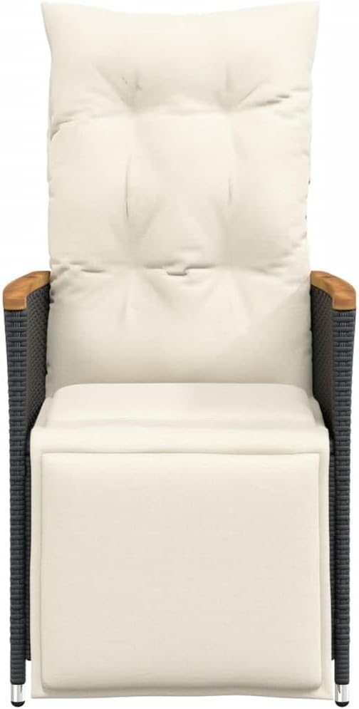 Loungestoel – Tuinstoel – Loungefauteuil – Buitenstoel – Terrasstoel – Verstelbare Rugleuning – Weerbestendig Poly Rattan Zwart met Crème Kussens