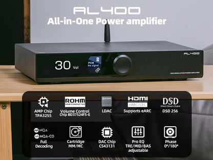 SMSL AL400 DAC-fotoversterker, eindversterker, CA43131-decoderingchip, 4-traps low-pass/5 filtermodi compatibel met MM/MC Phono-cartridges Volledige MQA DAC-ondersteuning DSD Professional EQ/eARC