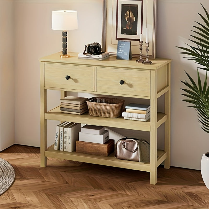 Sidetable – Consoletafel – Haltafel – Wandtafel – Bijzettafel – Natuurlijk Bamboe – Smal Design met 2 Lades en Open Planken – Duurzaam & Eenvoudig te Monteren