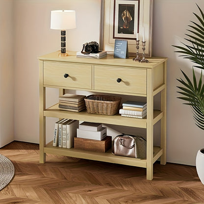 Sidetable – Consoletafel – Haltafel – Wandtafel – Bijzettafel – Natuurlijk Bamboe – Smal Design met 2 Lades en Open Planken – Duurzaam & Eenvoudig te Monteren
