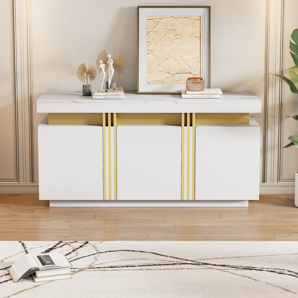 Modern White Sideboard/Display Cabinet | Three-Door Design with Adjustable Shelves, Suitable for Kitchens, Living Rooms, Dining Rooms, Hallways, Platinum Stitching, Spacious Handle-Less Compartments, Contemporary Style, Metal