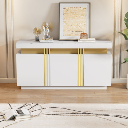 Modern White Sideboard/Display Cabinet | Three-Door Design with Adjustable Shelves, Suitable for Kitchens, Living Rooms, Dining Rooms, Hallways, Platinum Stitching, Spacious Handle-Less Compartments, Contemporary Style, Metal