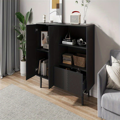 Dressoir – Opbergkast – Buffettafel – TV-meubel – Kast – Mat Zwart – Geometrisch Reliëf – 125x40x86 cm – Stevige Spaanplaat</s>