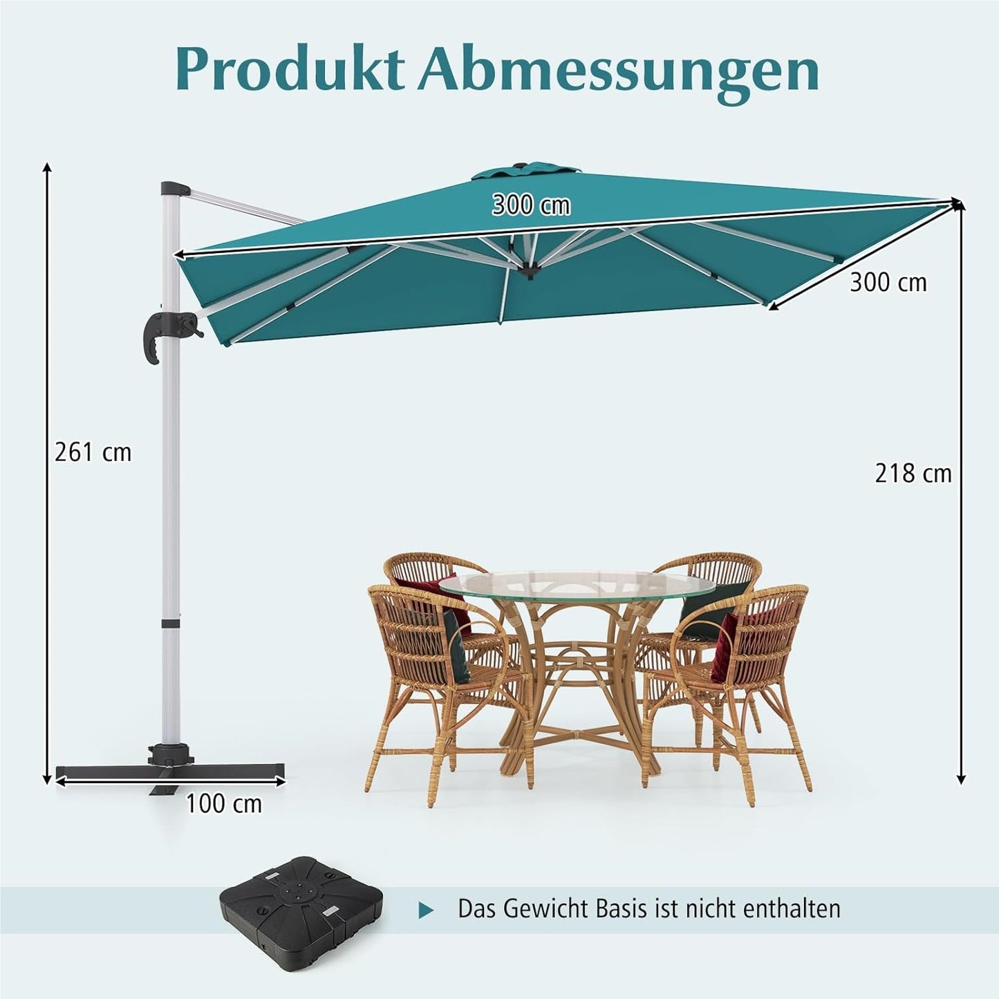 Vierkante Parasol – Tuinparasol – Terrasparasol – Balkonparasol – Marktparasol – 300x300 cm – 360° Draaibaar Met Kantelfunctie – Water- en UV-Bestendig Polyester Doek – Blauw