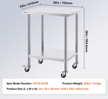 Werktafel – Werkbank – Werkbanktafel – Werkplek – RVS – Roestvrij Staal – 61x76x97 cm – 4 Zwenkwielen Met Rem