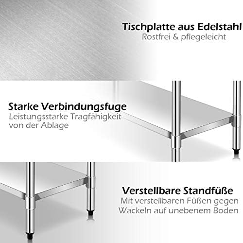 FANTASK Roestvrijstalen keukentafel, werktafel, roestvrijstalen tafel met in hoogte verstelbare plank, bereidingstafel, gastronetafel