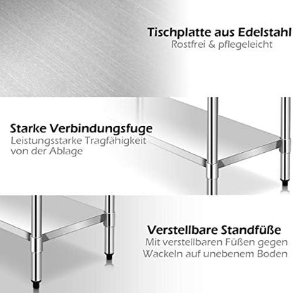 FANTASK Roestvrijstalen keukentafel, werktafel, roestvrijstalen tafel met in hoogte verstelbare plank, bereidingstafel, gastronetafel