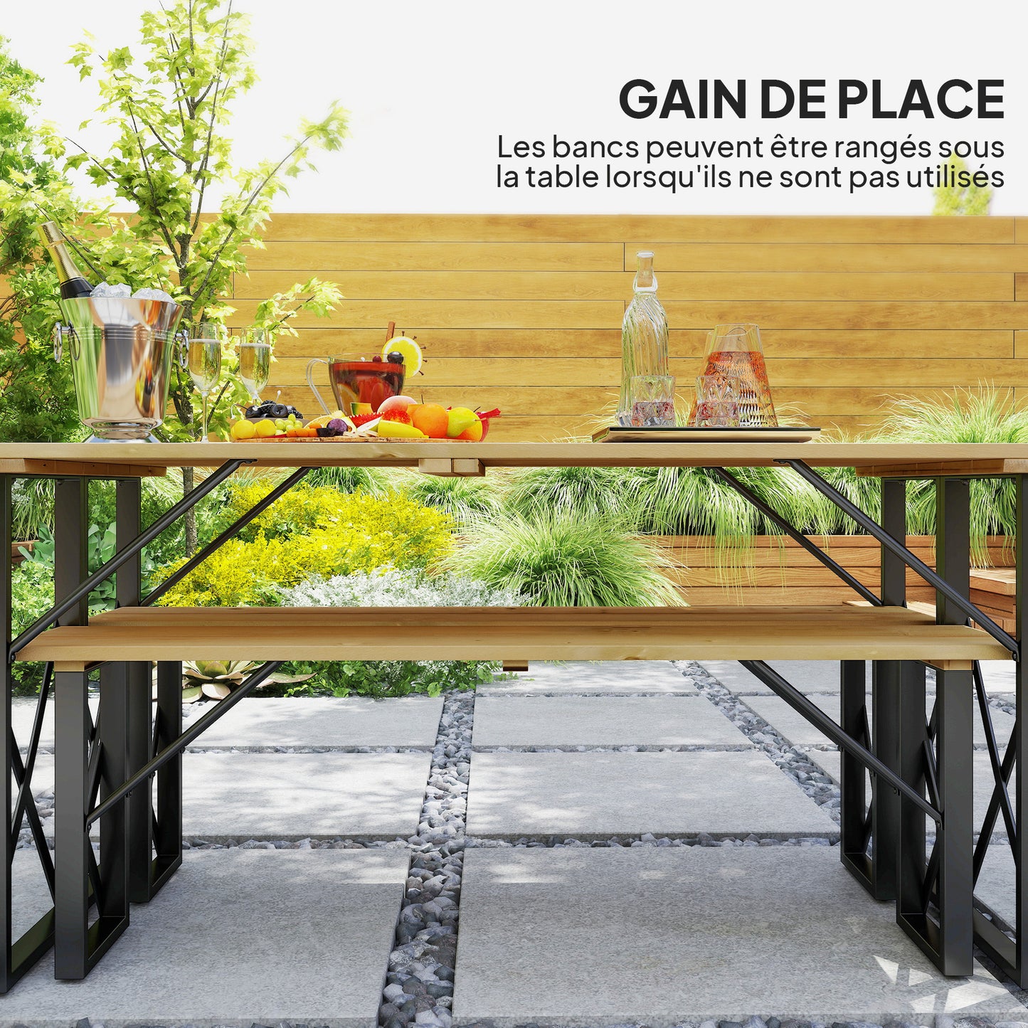 Houten Picknicktafel – Tuinset – Buitentafel – Terrasmeubel – Eettafel – 160 cm Met Parasolgaten – Stevig Stalen Frame