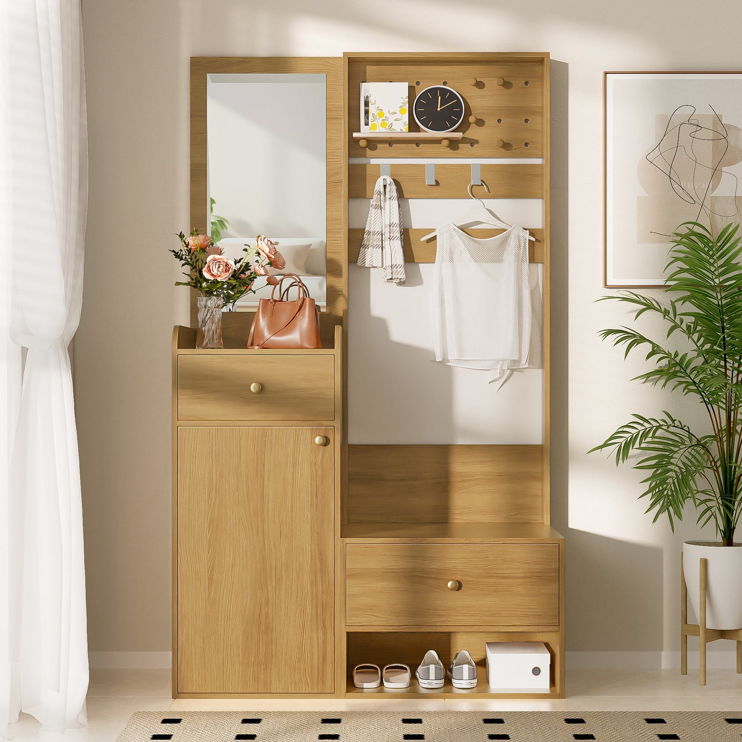 Kapstok – Wandkapstok – Garderobekast – Halmeubel – Schoenenrek – Compact Design – Verstelbare Haken – Spiegel – Warme Houtlook – 105x38x180 cm