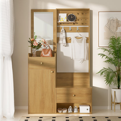 Kapstok – Wandkapstok – Garderobekast – Halmeubel – Schoenenrek – Compact Design – Verstelbare Haken – Spiegel – Warme Houtlook – 105x38x180 cm