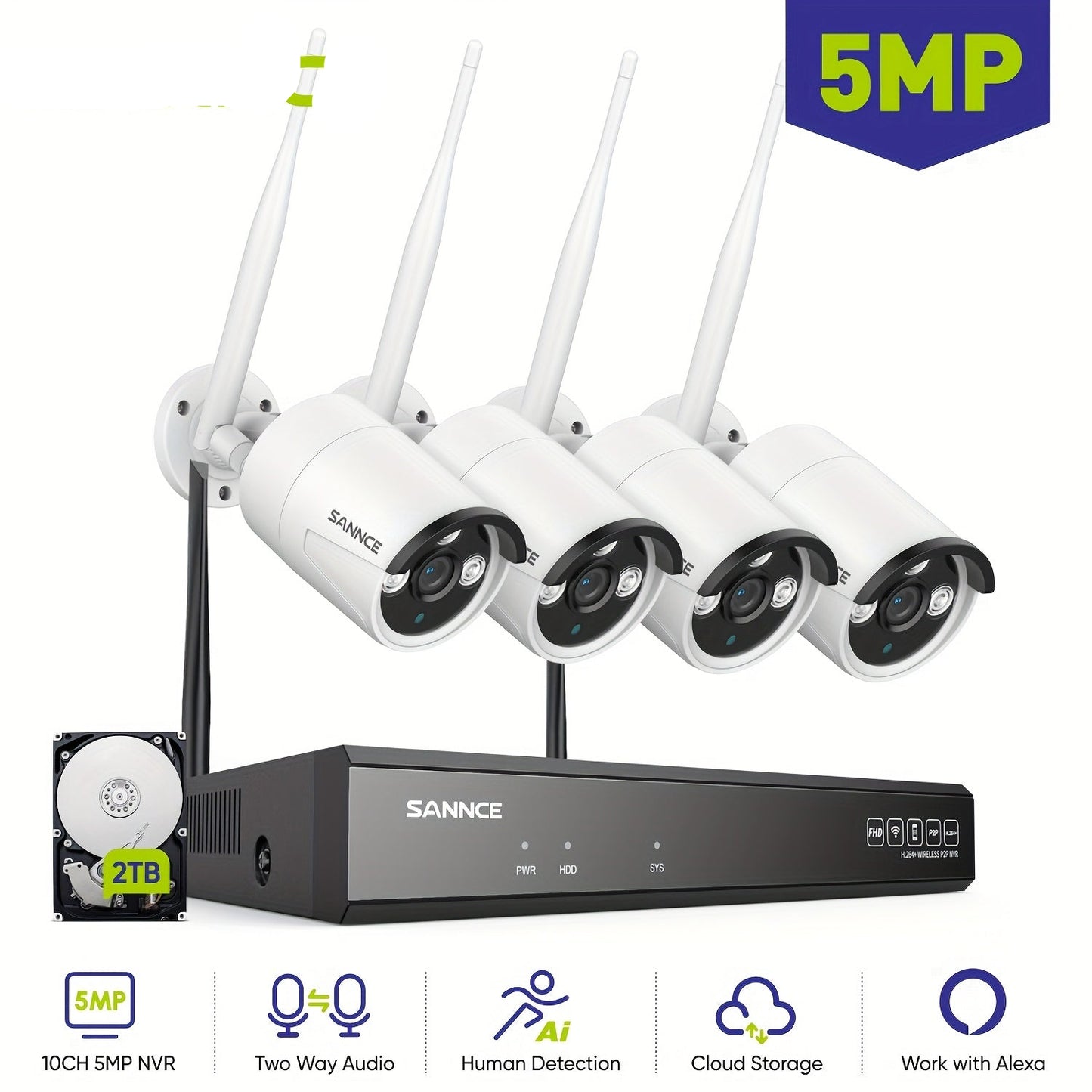 Bewakingscamera Set – Beveiligingscamera Set – Camerabewaking – Wifi Beveiligingscamera – IP Camera Set – 4x 5MP Draadloze Camera’s – 2TB Opslag – Netstroom Aansluiting