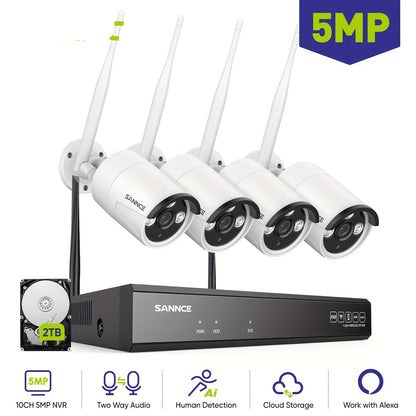 Bewakingscamera Set – Beveiligingscamera Set – Camerabewaking – Wifi Beveiligingscamera – IP Camera Set – 4x 5MP Draadloze Camera’s – 2TB Opslag – Netstroom Aansluiting