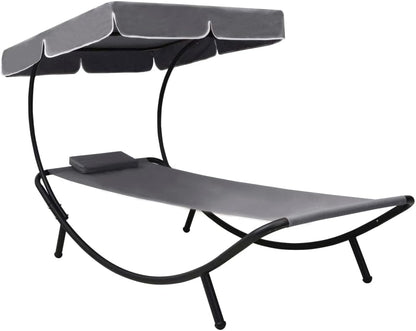 Sunbath, Outdoor Lounger with Awning and Cushion, Grey, Recliner Chair, Beach Lounger, Relax Chair for Garden, Patio, Balcony, Camping - QUORE