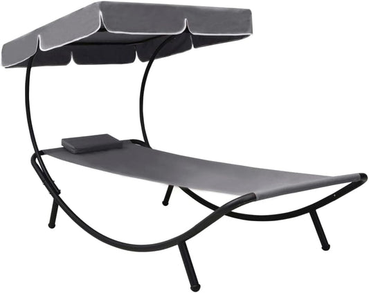 Sunbath, Outdoor Lounger with Awning and Cushion, Grey, Recliner Chair, Beach Lounger, Relax Chair for Garden, Patio, Balcony, Camping - QUORE