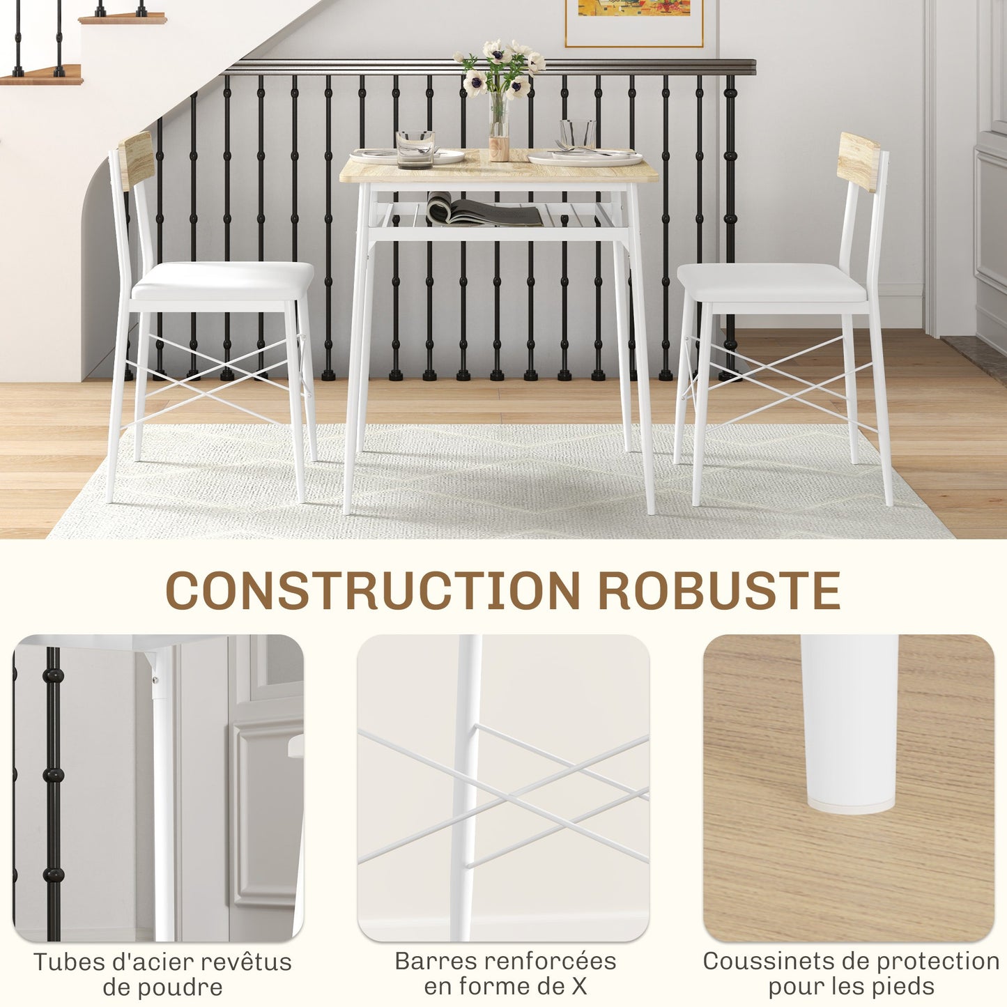 Eettafel – Tafel – Keukentafel – Dinertafel – Zitmeubel – Stalen Frame – 2 Stapelbare Stoelen – Wit en Eikenhout – Compact en Ruimtebesparend