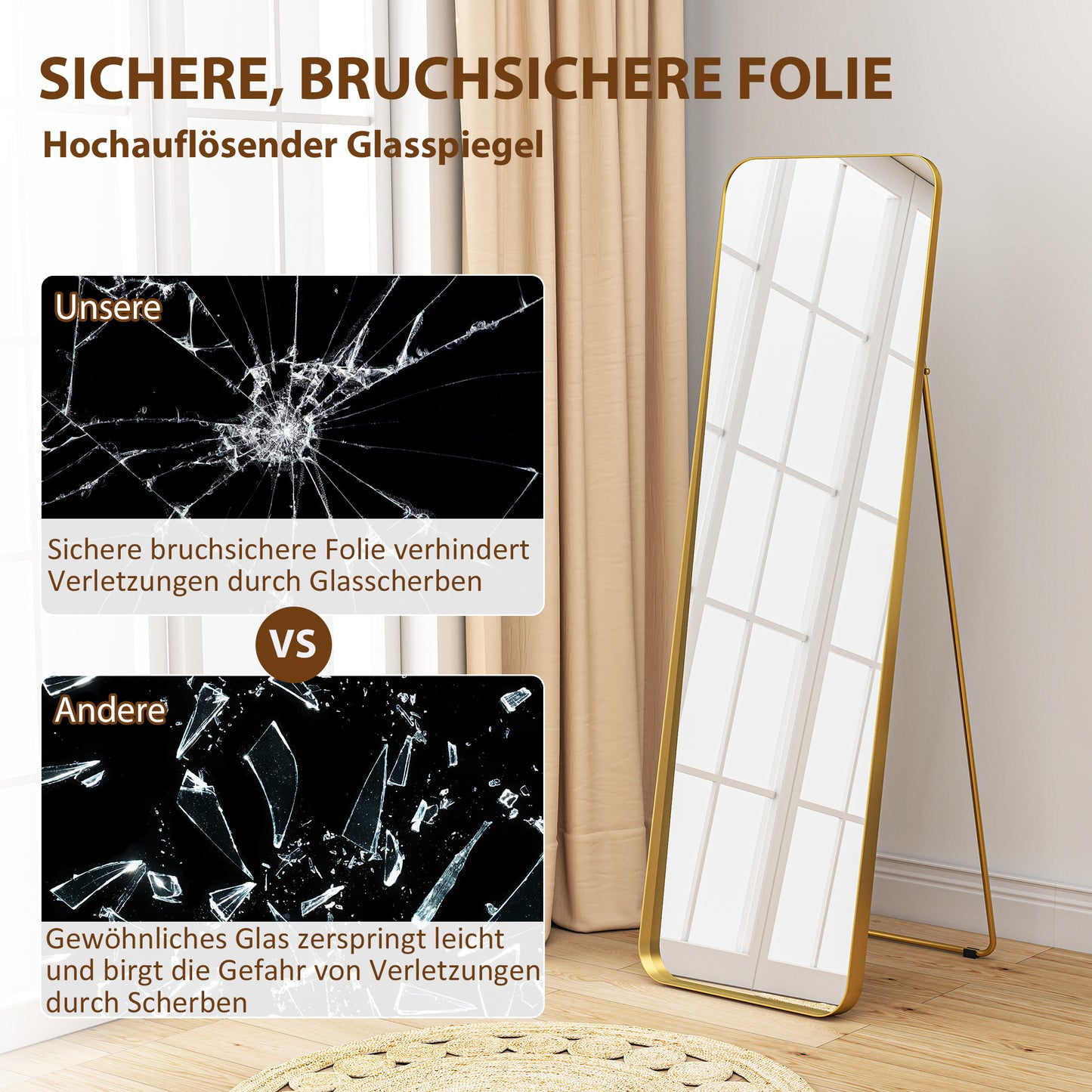 Staande Spiegel – Volledige Lengte Spiegel – Vloerspiegel – Vrijstaande Spiegel – Kantelbare Spiegel – Goud – Metaal Frame – 160x50 cm