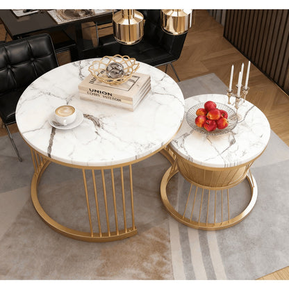 Ronde Salontafel Set – Bijzettafel – Koffietafel – Nestbare Tafels – Modern – Marmerlook – Hoogwaardig MDF – Verstelbare Pootdopjes