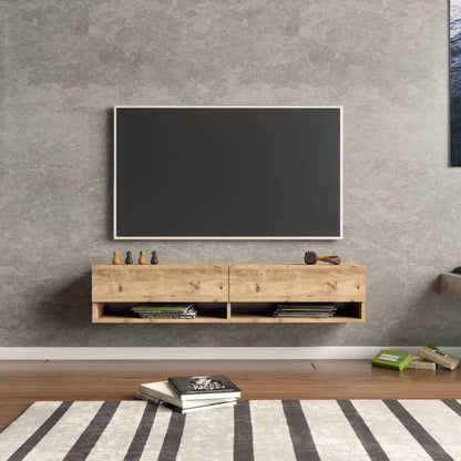 tv-meubel – tv-kast – lowboard – zwevend meubel – hangend tv-meubel – rustiek eiken – met 2 open vakken – MDF melamine coating