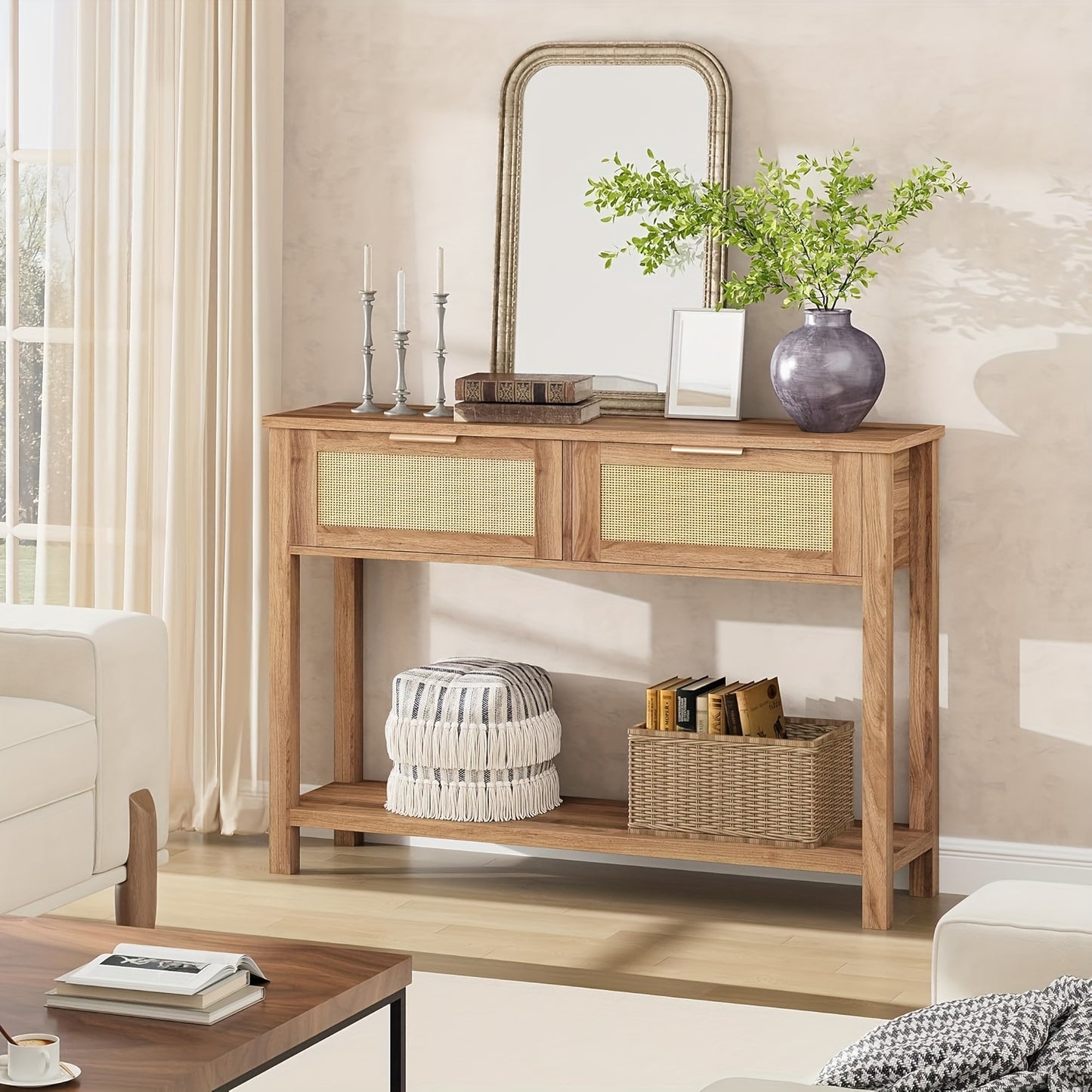 Boho Rustieke Sidetable – Haltafel – Wandtafel – Sofa Tafel – Console Tafel – 2 Lades & Opbergrek – Massief Hout & MDF – 109 cm Lang – 68 KG Draagkracht – Eenvoudige Montage