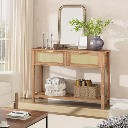Boho Rustieke Sidetable – Haltafel – Wandtafel – Sofa Tafel – Console Tafel – 2 Lades & Opbergrek – Massief Hout & MDF – 109 cm Lang – 68 KG Draagkracht – Eenvoudige Montage