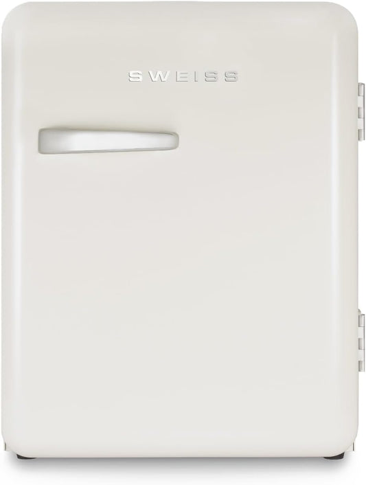 SWEISS WEISS8 Mini-bar, vintage, 31 l, mini-koelkast, compact, retro design, stille koelkast, 24 dB, voor slaapkamer, kantoor, dranken of cosmetica, instelbare temperatuur 6°-15 °C, beige