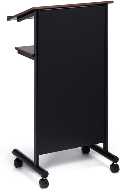 Audio-Visual Direct Lessenaar Podium op wielen - sta-bureau met opbergplank - kers/zwart - ideaal voor presentaties en laptopgebruik