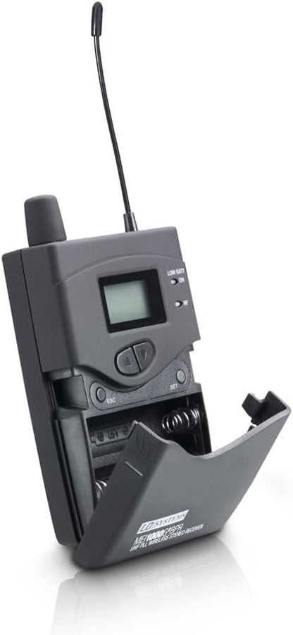 Draadloos In-Ear Monitorsysteem – In-Ear Monitor – IEM-Systeem – Draadloze Monitor – Podiummonitor – Set met 2 Riempacks en 2 In-Ear Hoofdtelefoons – 96 Kanalen, 584-607 MHz