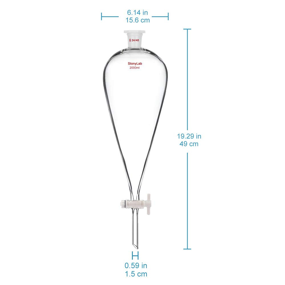 stonylab Borosilicaat Glas 2000ml Zware Wand Conische Scheitrechter met 24/40 Gewrichten en PTFE Afsluitkraan, 2000ml