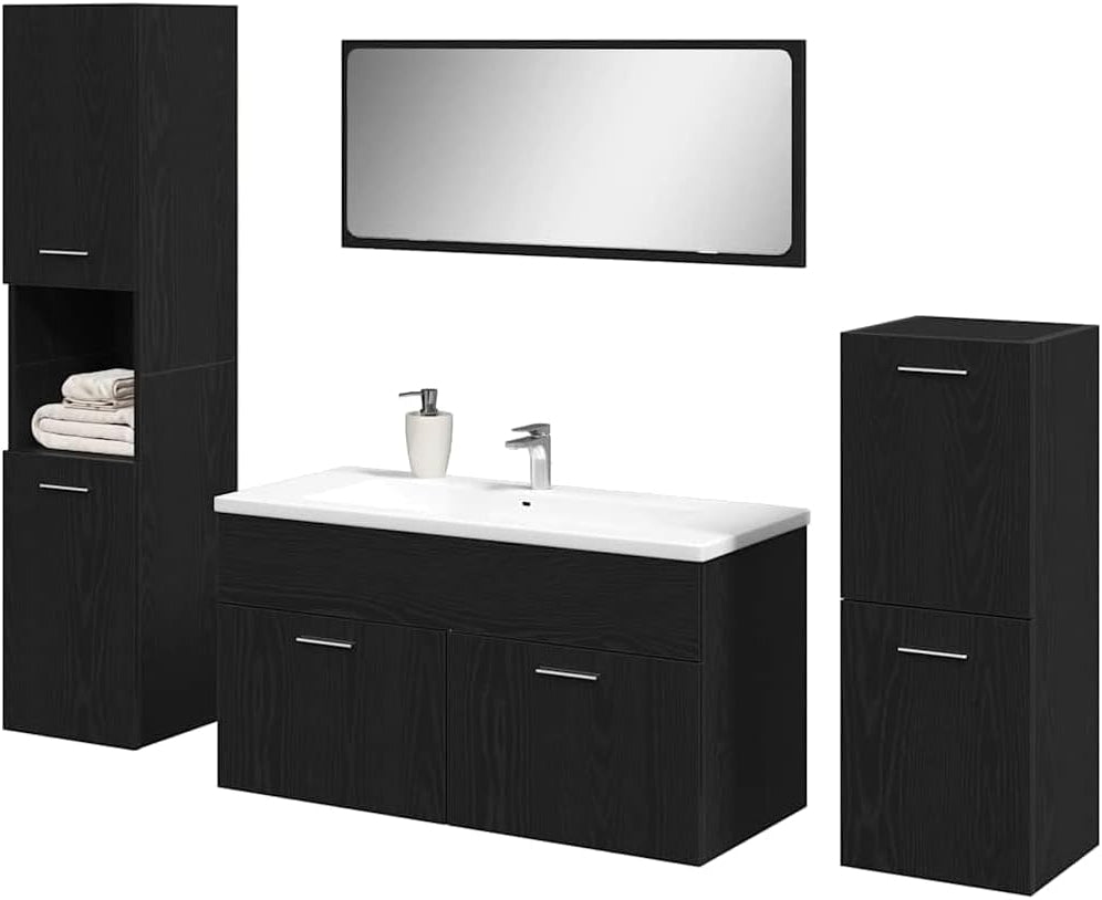 vidaXL 4 Piece Bathroom Furniture Set Black Oak Engineered Wood Laundry Cabinet High Modern Design Storage Solutions Cabinets Mirror Enclosure Organizational MDF - QUORE