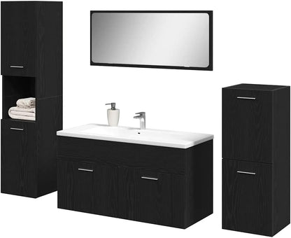 vidaXL 4 Piece Bathroom Furniture Set Black Oak Engineered Wood Laundry Cabinet High Modern Design Storage Solutions Cabinets Mirror Enclosure Organizational MDF - QUORE