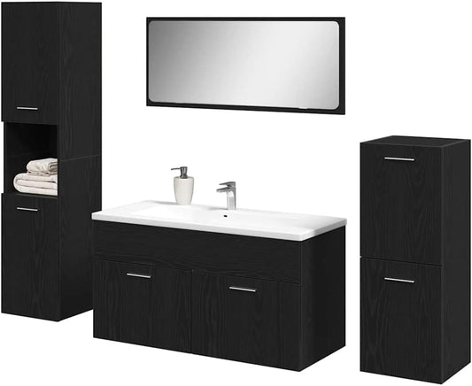 vidaXL 4 Piece Bathroom Furniture Set Black Oak Engineered Wood Laundry Cabinet High Modern Design Storage Solutions Cabinets Mirror Enclosure Organizational MDF - QUORE