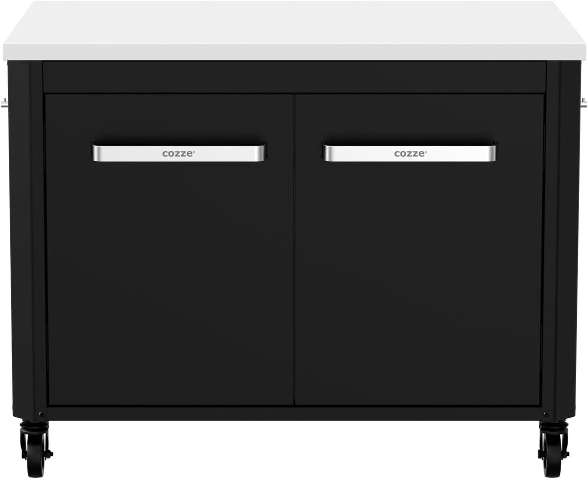 Cozze | Low outdoor kitchen H70 cm with stainless steel worktop | Ideal height for plancha | 2 doors | 2 shelves | 6 hooks | 4 wheels Ø75 mm | Powder coated steel | Load capacity 100 kg - QUORE