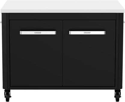 Cozze | Low outdoor kitchen H70 cm with stainless steel worktop | Ideal height for plancha | 2 doors | 2 shelves | 6 hooks | 4 wheels Ø75 mm | Powder coated steel | Load capacity 100 kg - QUORE