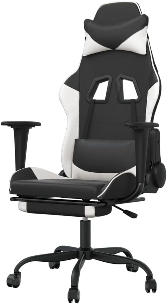 Gamestoel – Gaming Stoel – Bureaustoel – Racing Chair – Relaxstoel – Verstelbare Rugleuning – Massagefunctie – Kunstleer Zwart/Wit
