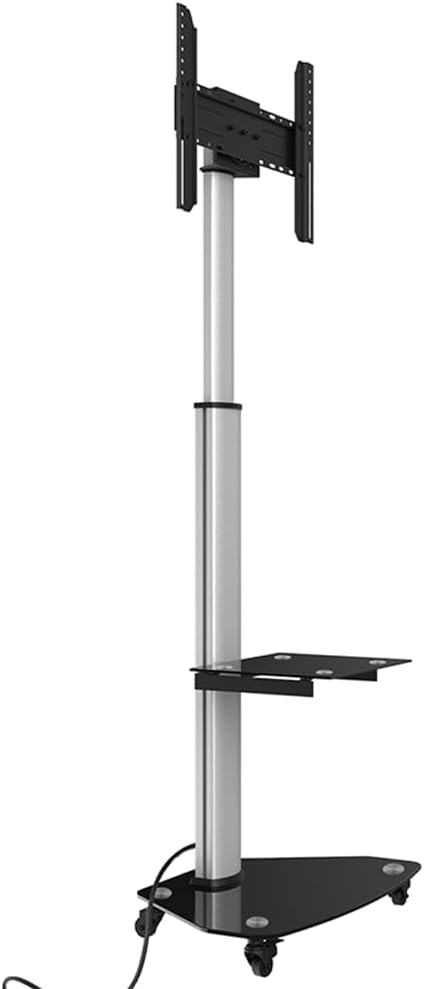 Proton 300 Mobiele tv-standaard met plank, stopcontacten, USB-poorten, hoogte 191 cm, portretformaat 32-75 inch, 40 kg, aluminium zwart