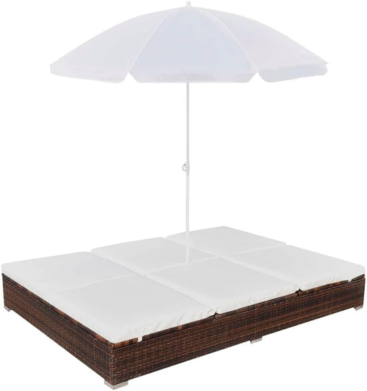vidaXL Lounge Bed with Parasol Sun Lounger Garden Bed Chair Lounger Garden Furniture Outdoor Furniture Furniture Garden Lounge Furniture Poly Rattan Brown - QUORE