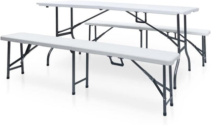 Lounge tuinmeubelset balkon meubelset tuinlounge set inklapbare tuintafel met 2 banken 180 cm staal en HDPE wit - QUORE