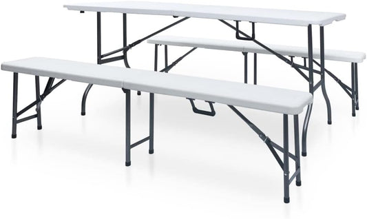 Lounge tuinmeubelset balkon meubelset tuinlounge set inklapbare tuintafel met 2 banken 180 cm staal en HDPE wit - QUORE