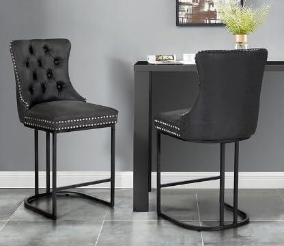 ALPHA HOME 26 inch black pitch bar stools set of 2, modern faux leather bar chairs with button back and rivet trim upholstered kitchen island chairs with sturdy metal legs breakfast