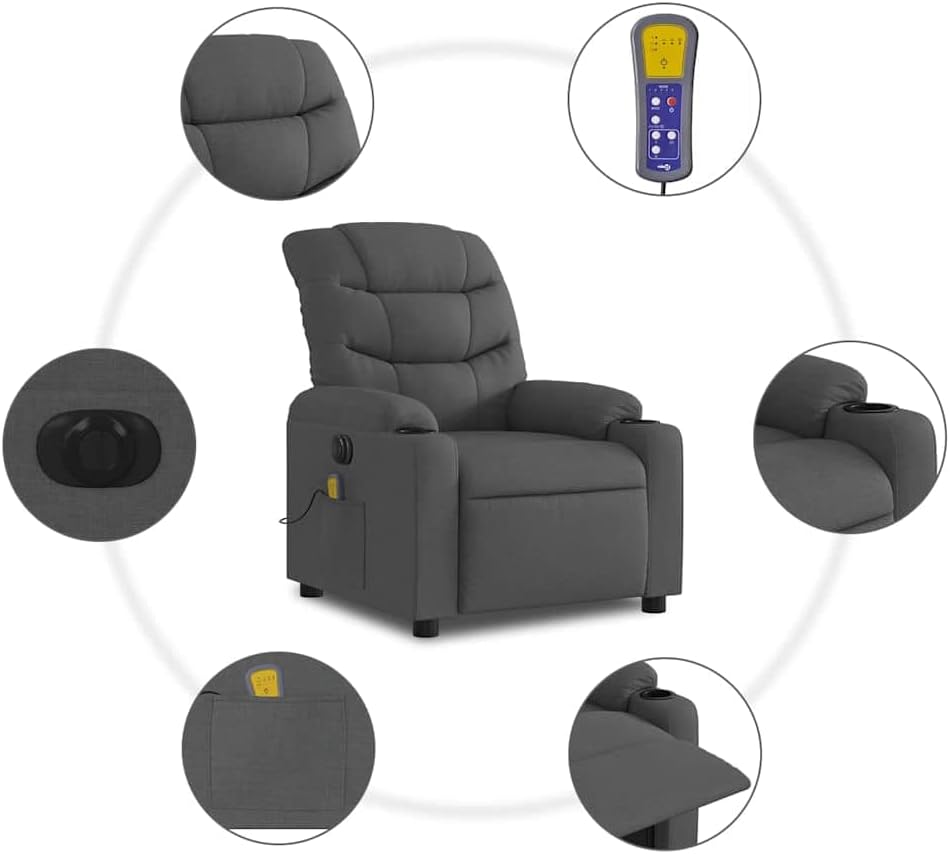 Elektrische Relaxstoel – Fauteuil – Massagestoel – Ligstoel – Wellnessstoel – 6-Punts Trillingsmassage – Stabiel Hout-Metaal Frame – Donkergrijze Stof – Groot Zitvlak – USB Bediening
