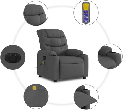 Elektrische Relaxstoel – Fauteuil – Massagestoel – Ligstoel – Wellnessstoel – 6-Punts Trillingsmassage – Stabiel Hout-Metaal Frame – Donkergrijze Stof – Groot Zitvlak – USB Bediening