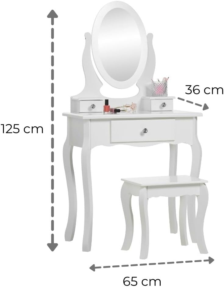 Runesol Meisjes Kaptafel met Spiegel en Krukje, Childrens White Wooden Kids Vanity Table met Kristallen Knoppen Childs Dressing Table Set voor een Kind, Kinderen in de leeftijd van (8-13)