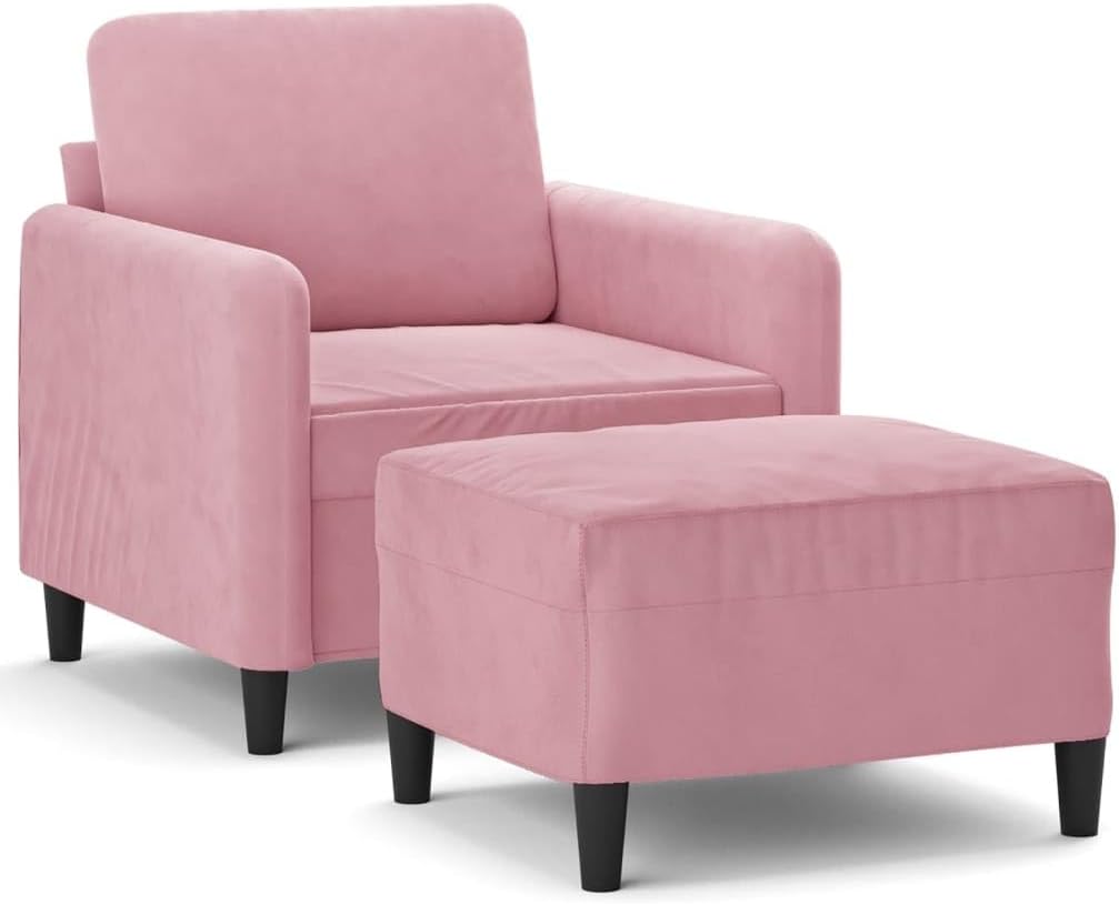 Fauteuil met kruk, roze, 60 cm, fluwelen gestoffeerde stoel, relaxstoel, comfortabel ontspannen, modern design, stabiel frame, dik gevoerd, veelzijdige voetenbank, compact, voor woonkamer