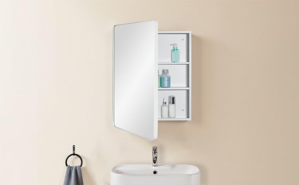 Fundin Spiegel medicijnkast voor badkamer - metalen omlijst ronde hoekdeur, verstelbare planken, mat wit, opbouwmontage, wandmontage, 38 x 65 cm