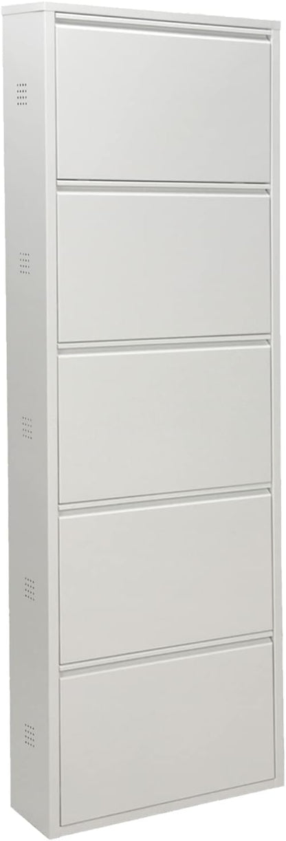 DRW Schoenenkast met 5 laden van metaal met ventilatieopeningen, wit, 50 x 15 x 170 cm