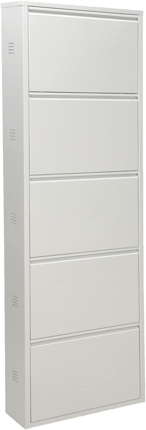 DRW Schoenenkast met 5 laden van metaal met ventilatieopeningen, wit, 50 x 15 x 170 cm
