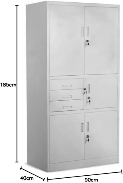 Filing Cabinet C018S II Office Cabinet Metal Cabinet Safe Box Secret Box 3 Drawers Powder Coating 185cm x 90cm x 40cm (Grey) - QUORE